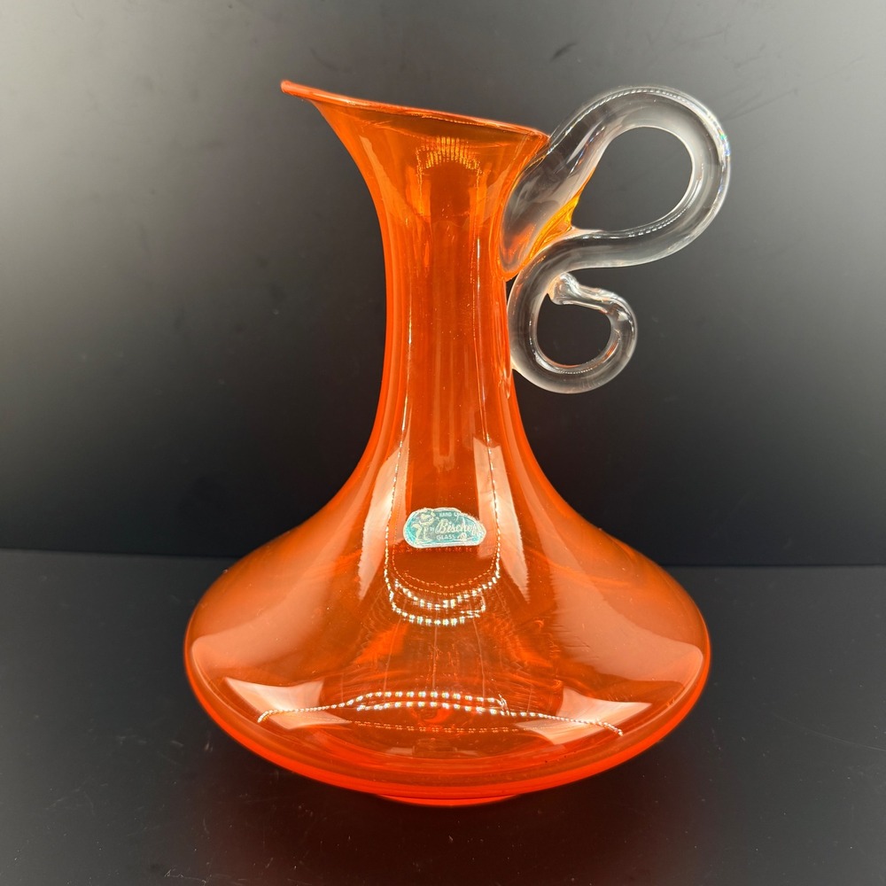 Bischoff 947 Pitcher Orange Glass Signed Label MCM